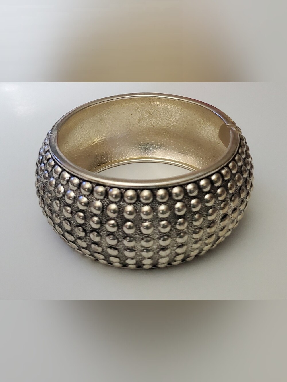 Silver Tone Clamper Bracelet**Silver Raised Circles**Textured**Well made